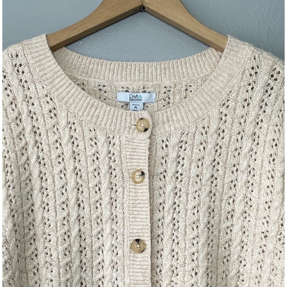 Crochet Open Knit Cardigan Petite Size Large Cream Wool Boho Cottagecore Sweater - Picture 3 of 9